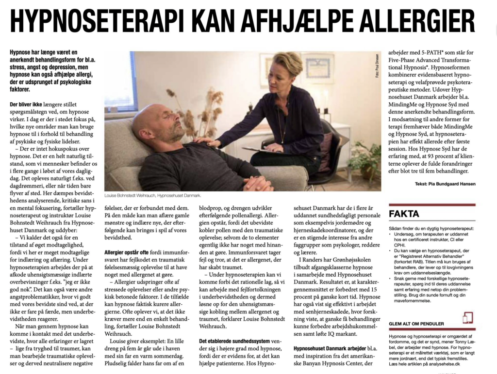 Hypnoseterapi mod allergi. Behandling af allergier med hypnoseterapi hos Hypnosehuset Danmark i Vejle