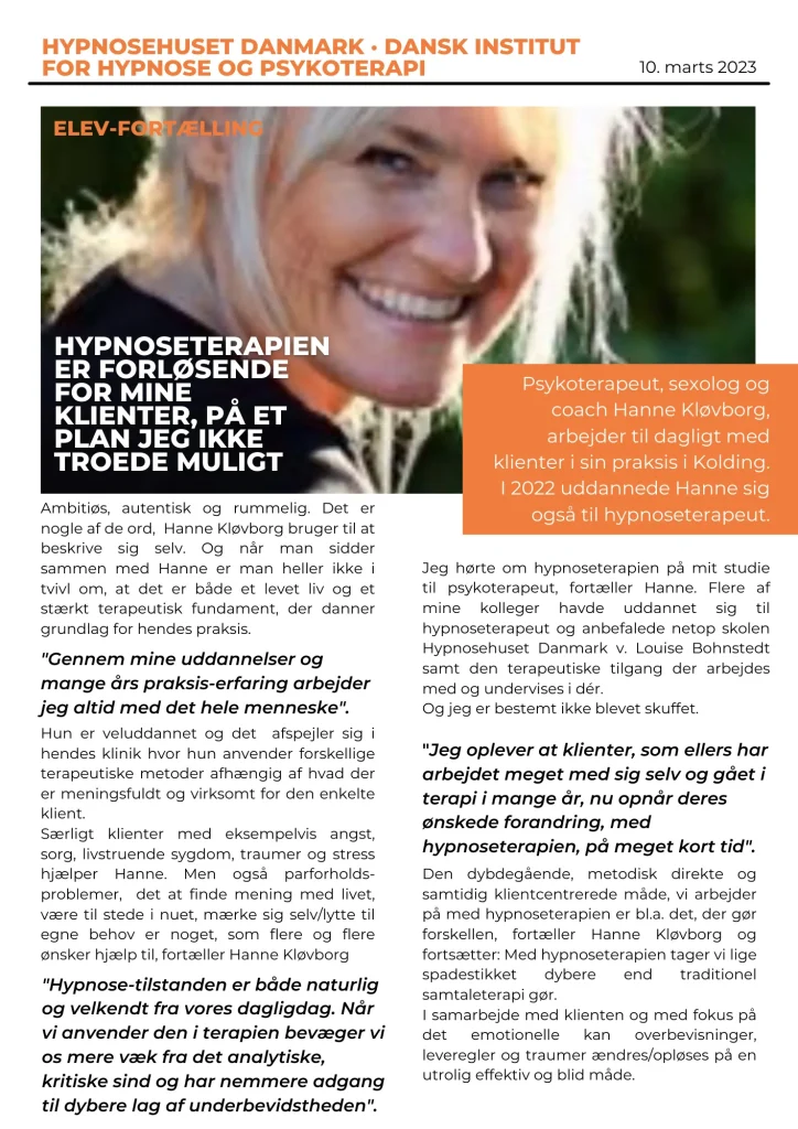 Psykoterapeut Hanne Kløvborg har uddannet sig hos Hypnosehuset Danmark